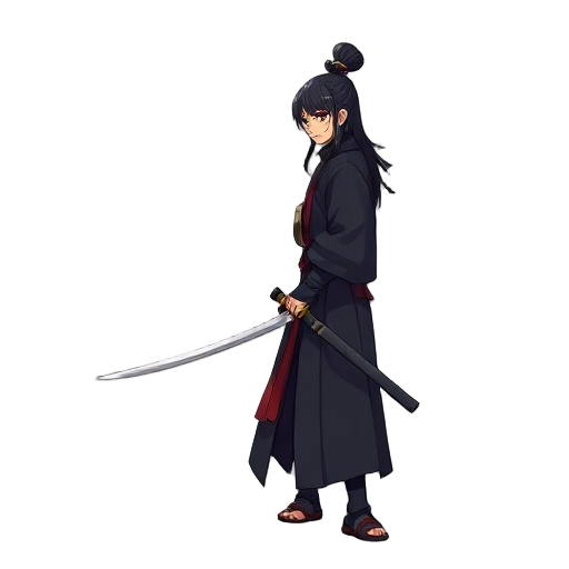 f a korean swordsman in joseon dynasty, side view, dark outfit, long hair, holding sword,