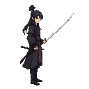a korean swordsman in joseon dynasty, side view, dark outfit, long hair, holding sword,
