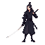 f a korean swordsman in joseon dynasty, side view, dark outfit, long hair, holding sword,
