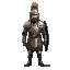 warrior of the middle ages. dressed in brigandine armor. a cuirass is worn over the brigantine. a helmet called a pine cone is worn on the head. a teardrop-shaped shield is worn behind the back.