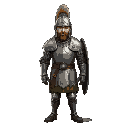 warrior of the middle ages. dressed in brigandine armor. a cuirass is worn over the brigantine. a helmet called a pine cone is worn on the head. a teardrop-shaped shield is worn behind the back. 