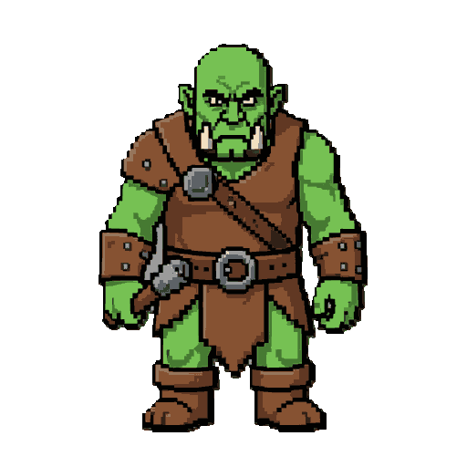side view idle green orc warrior, large tusks, brown leather armor, loincloth, holding a crude iron club.