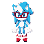 female sonic-style hedgehog oc, cyan fur, white muzzle/chest, big fluffy hair, long bangs, blue eyes with long lashes, rectangular glasses, white gloves, tall slim body, white shoes with red stripes, friendly pose, bright cartoon style.