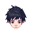 a stylized, cartoonish figure stands against a blank white background with a tired, indifferent air. the character has shaggy, jet-black hair that falls in jagged clumps around a pale, slightly angular face; one eye is visible and half-lidded, giving a wo
