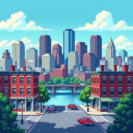 pixel-art background city inspired by boston in the 80s 