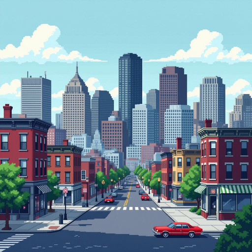 pixel-art background city inspired by boston in the 80s. grey tone