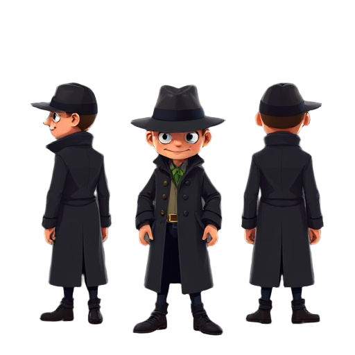 detective from 80s with hat and black coat. render from front, sides and back
