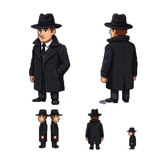 pixel-art detective from 80s with hat and black coat. render from front, side and back view