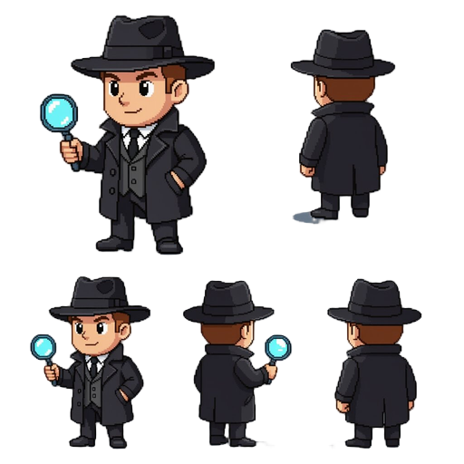 pixel-art detective from 80s with hat and black coat. render from front, side and back view