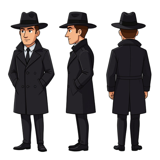 detective from 80s with hat and black coat. render from front, sides and back