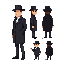 pixel-art detective from 80s with hat and black coat. render from front, side and back view