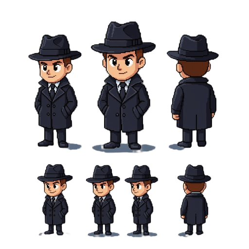 pixel-art detective from 80s with hat and black coat. render from front, sides and back