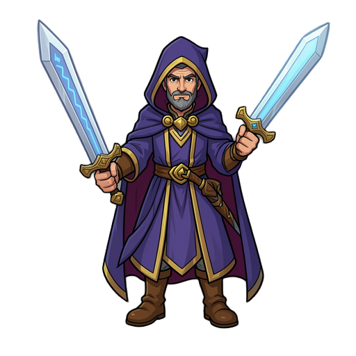 um mago com capa e uma espada flutuante