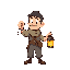a simple man holding a small lantern, no facial reaction, looking on left side