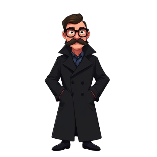 a mysterious detective with a thick mustache and round-framed glasses wearing a long black trench coat, sporting a neatly trimmed beard, standing confidently with a sharp gaze, set against a foggy urban night background