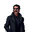 a mysterious detective with a thick mustache and round-framed glasses wearing a long black trench coat, sporting a neatly trimmed beard, standing confidently with a sharp gaze, set against a foggy urban night background