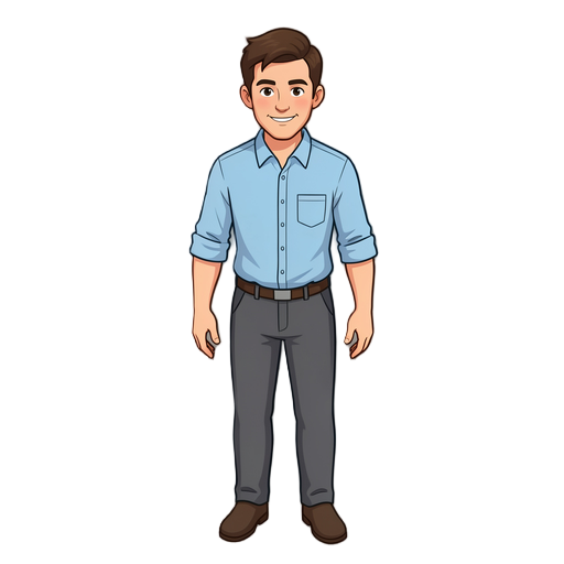 generate sprite #1: the main player character. an office worker in their late 30s, smart-casual style — light blue button-up shirt with sleeves rolled up, dark grey trousers, simple shoes. friendly approachable face, short neat brown hair. standing uprigh