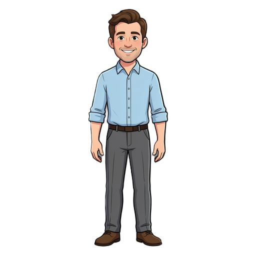 generate sprite #1: the main player character. an office worker in their late 30s, smart-casual style — light blue button-up shirt with sleeves rolled up, dark grey trousers, simple shoes. friendly approachable face, short neat brown hair. standing uprigh