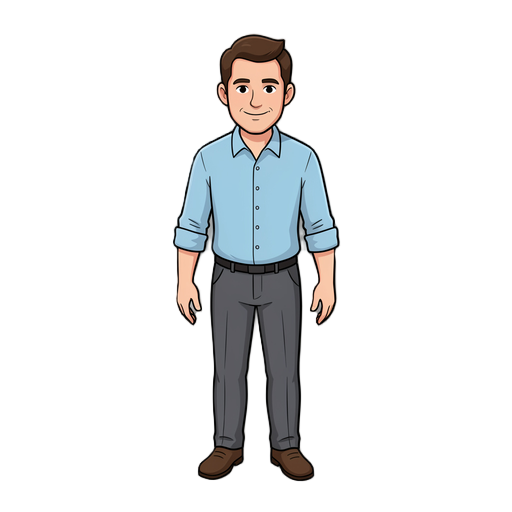 generate sprite #1: the main player character. an office worker in their late 30s, smart-casual style — light blue button-up shirt with sleeves rolled up, dark grey trousers, simple shoes. friendly approachable face, short neat brown hair. standing uprigh
