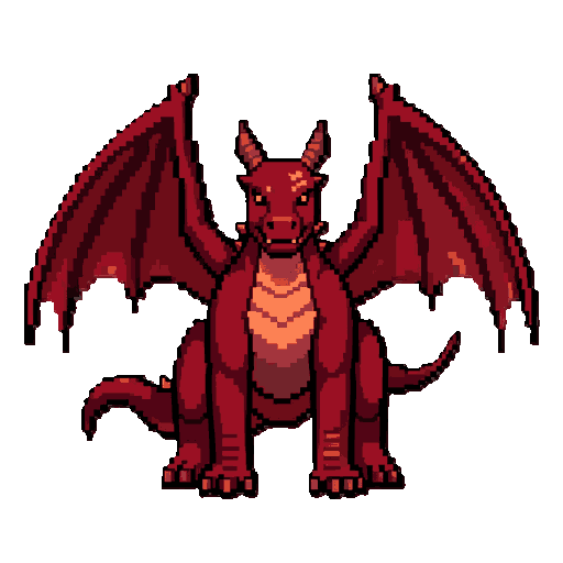 red dragon with large folded wings, a long tail, two backward-pointing horns, small spikes along its back, dark red scales, a lighter crimson belly, and subtle orange highlights.