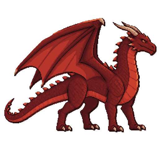 red dragon with large folded wings, a long tail, two backward-pointing horns, small spikes along its back, dark red scales, a lighter crimson belly, and subtle orange highlights.