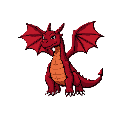 red dragon with large folded wings, a long tail, two backward-pointing horns, small spikes along its back, dark red scales, a lighter crimson belly, and subtle orange highlights.