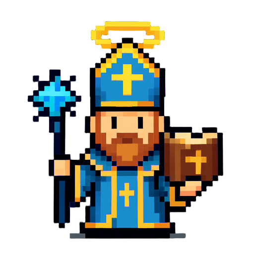 creat image of a holy priest wearing blue wand and a spirit spellbook in 32 pixels