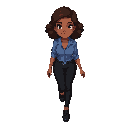 a gentle, beautiful, and well-mannered girl with brown skin, wearing black pants and a blue shirt, walking calmly. she has wavy hair and a kind smile, showing elegance and grace as she walks.