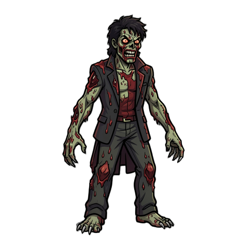 the end level boss for cyber shooter game based on a zombie character inpired by Michael Jackson Thriller. Generate just the single character. The zombie should have claws and rotting skin and features