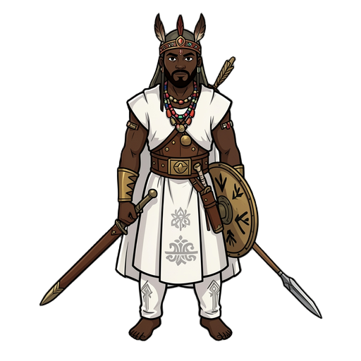 a full body profile image of a ancient mythical fighter from the&nbsp; housa kaduna tribe of what is modern nigeria. solo. white clothing. 