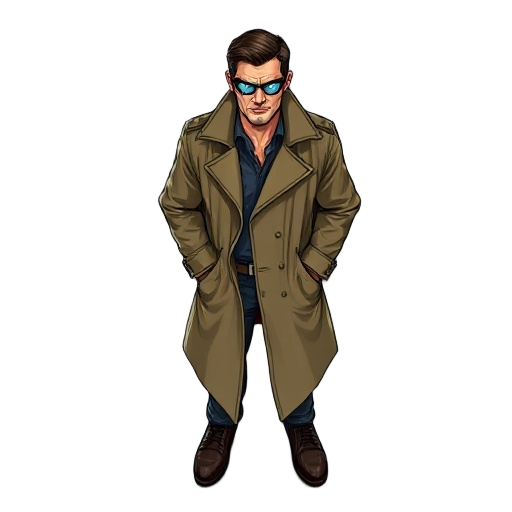 rugged cop from london in the 1990s.  trench coat and gritty looks. 