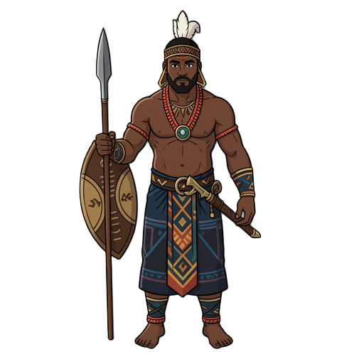 a full body profile image of a ancient mythical fighter from the  asaba - delta state tribe of what is modern nigeria. solo.