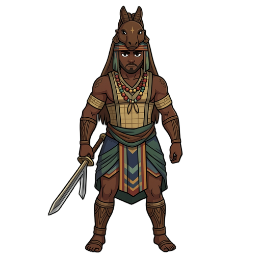 a full body profile image of a ancient mythical fighter from the igbo tribe of what is modern nigeria.  solo.