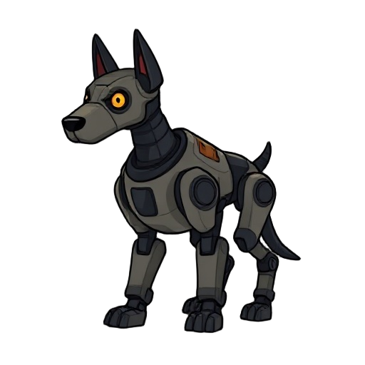 robotic dog character, designed for a 2d game in the style of darkest dungeon: bold black outlines, readable shapes, warm muted colors