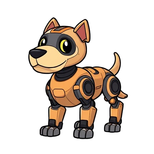 cartoonish robotic dog character, designed for a 2d game in the style of kingdom rush: bold black outlines, readable shapes, warm muted colors