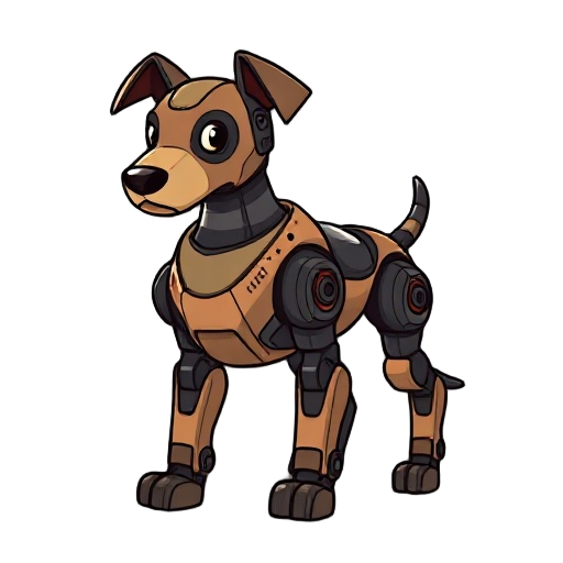 robotic dog character, designed for a 2d game in the style of darkest dungeon: bold black outlines, readable shapes, warm muted colors
