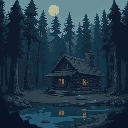 abandoned log cabin in the deep dark woods near some water