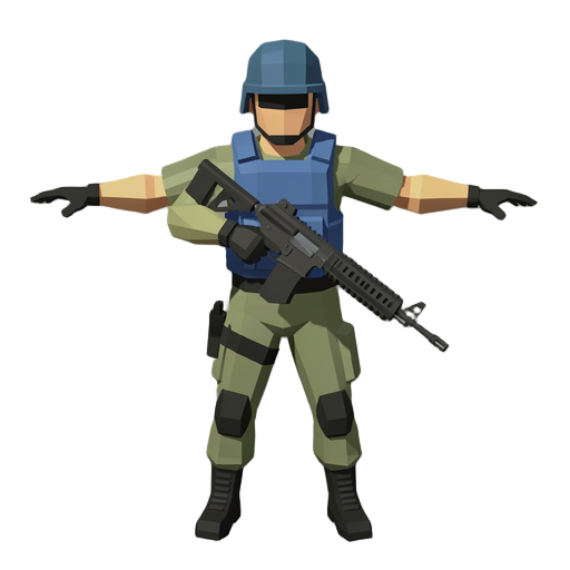 counter-strike ct soldier top-down view, holding rifle, blue tactical vest, helmet, game sprite