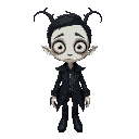 exaggerated, elongated features, pale skin, and large, expressive eyes. their look should be eerie yet whimsical, with dark, quirky, and mismatched outfits featuring gothic or victorian elements