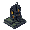 jack skellington's house is a tall, crooked gothic structure atop a hill. with jagged roofs, glowing windows, and skeletal trees, it exudes eerie charm, surrounded by a twisted iron fence and thorny v