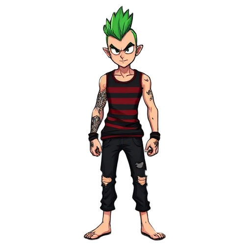 punk with green mohawk wearing a black and red striped tanktop and a black distressed jeans and no shoes