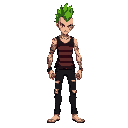 punk with green mohawk and ablack and red striped tanktop and ablack ripped jeans wearing no shoes