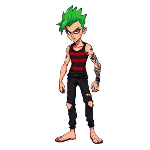 punk with green mohawk and ablack and red striped tanktop and ablack ripped jeans wearing no shoes