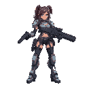 woman with robot legs and holding big guns
