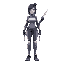 woman with robot legs and knife for hands