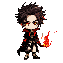 chibi male with spiky dark brown hair, red eyes, black coat with red inside, gold chains, gloves, striped pants, gothic fantasy style, holding red flame, elegant and serious look 