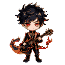 chibi boy with spiky black hair and red eyes, wearing black and red suit with gold trim, holding flaming guitar, cute serious face, fire dragon behind, dark fantasy style, glowing effect.