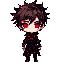 chibi boy with dark brown spiky hair and with red eyes and dark crimson colours and gothic style...