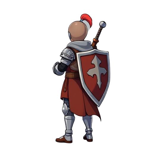 give me an anime knight, no helmet, in idle pose with sword and shield holstered in the back