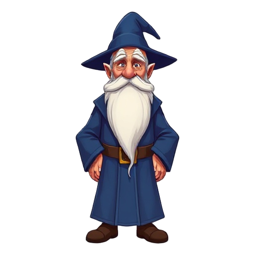 old wizard, with blue coat and long white beard